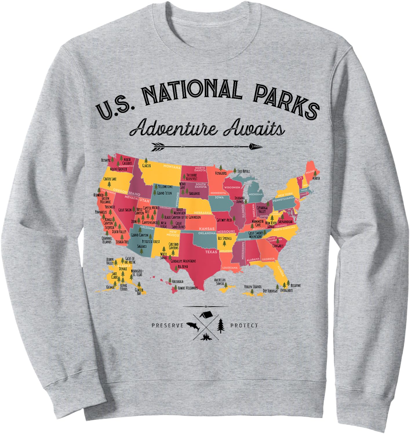 63 National Parks Map US Park Retro Vintage Camping Hiking Sweatshirt - Sweatshirt | Ash