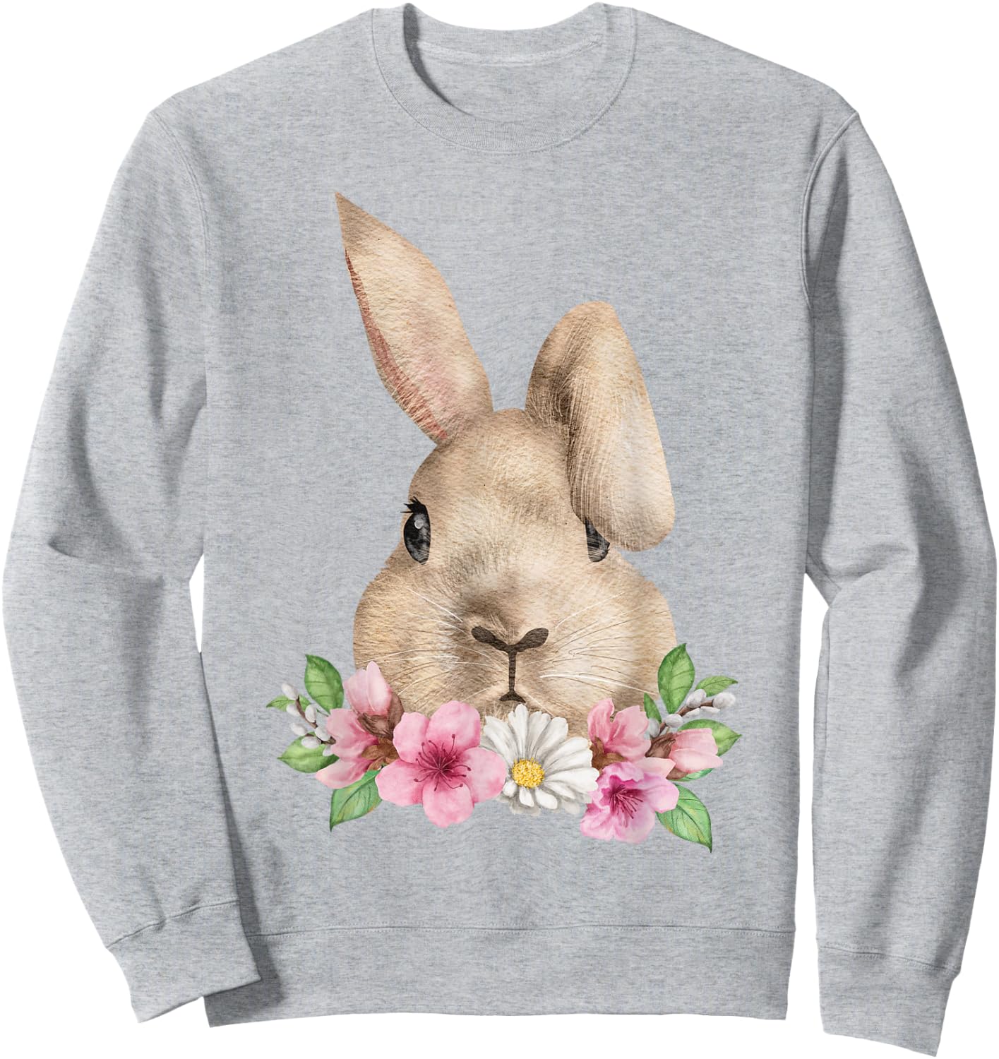 Bunny Head with Flowers Watercolor Easter Rabbit Sweatshirt - Sweatshirt | Ash