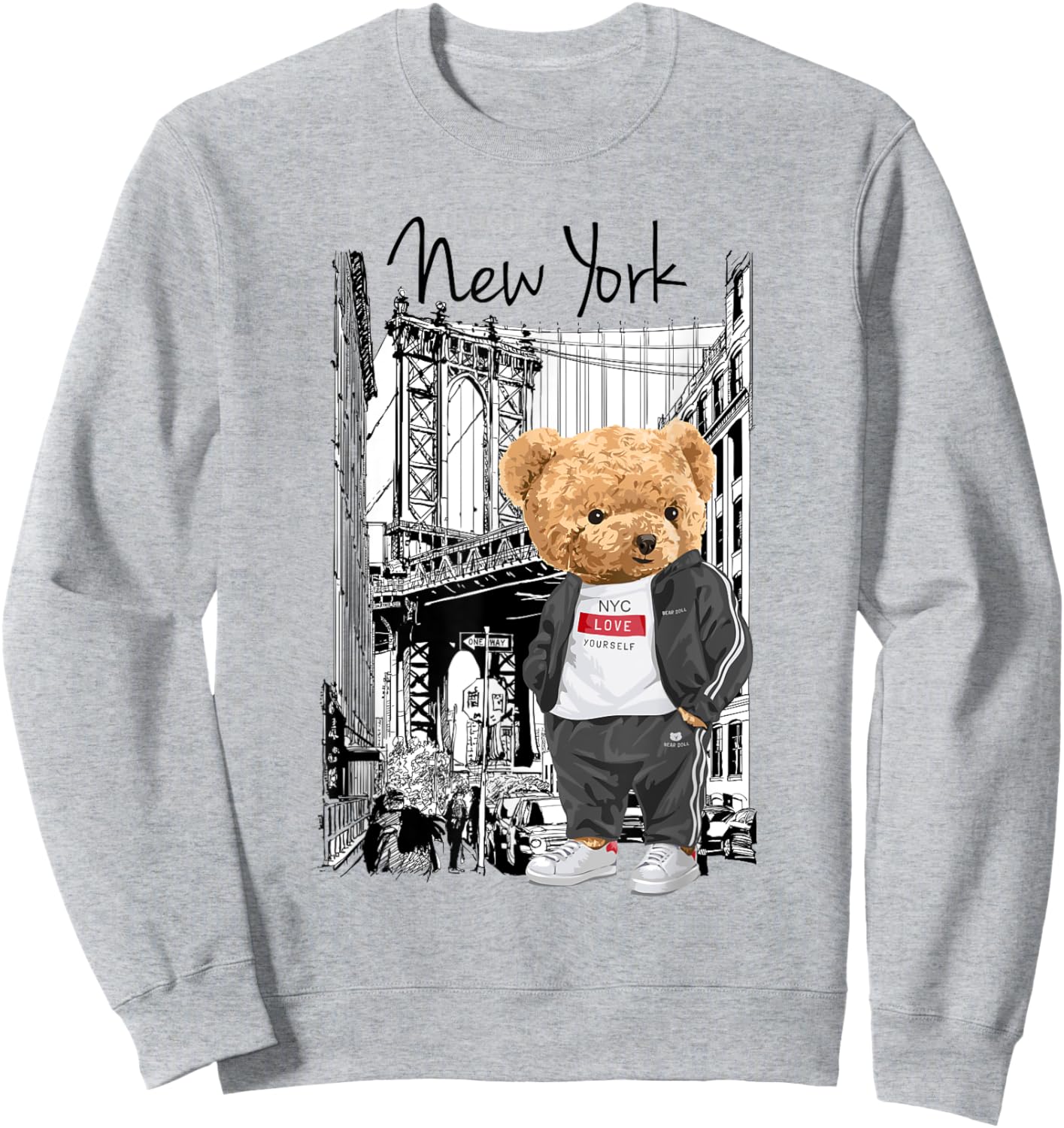 Bahaa's -Kids Grey Cartoon Teddy Bear NYC Graphic Sweatshirt - Sweatshirt | Ash