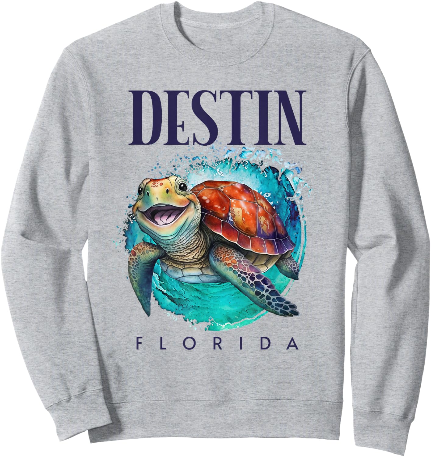 Destin Florida Watercolor Happy Sea Turtle Sweatshirt - Sweatshirt | Ash
