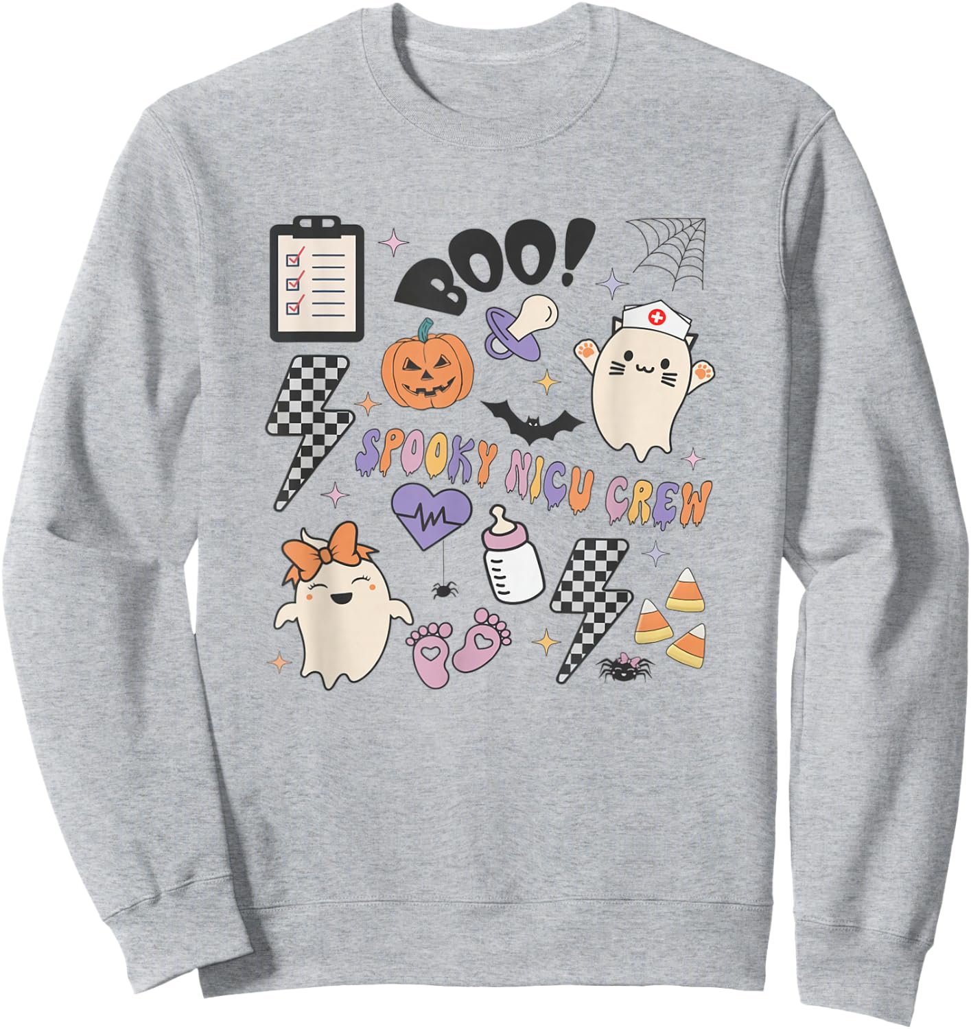 Retro Spooky NICU Nurse Halloween Cute Pumpkin Ghost Women Sweatshirt - Sweatshirt | Ash