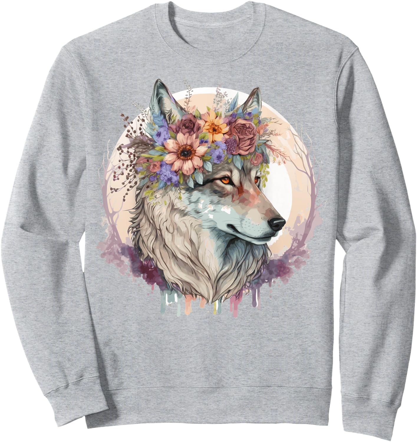 Cute Wolf Flower Crown Boho Aesthetic Animal Lovers Sweatshirt - Sweatshirt | Ash