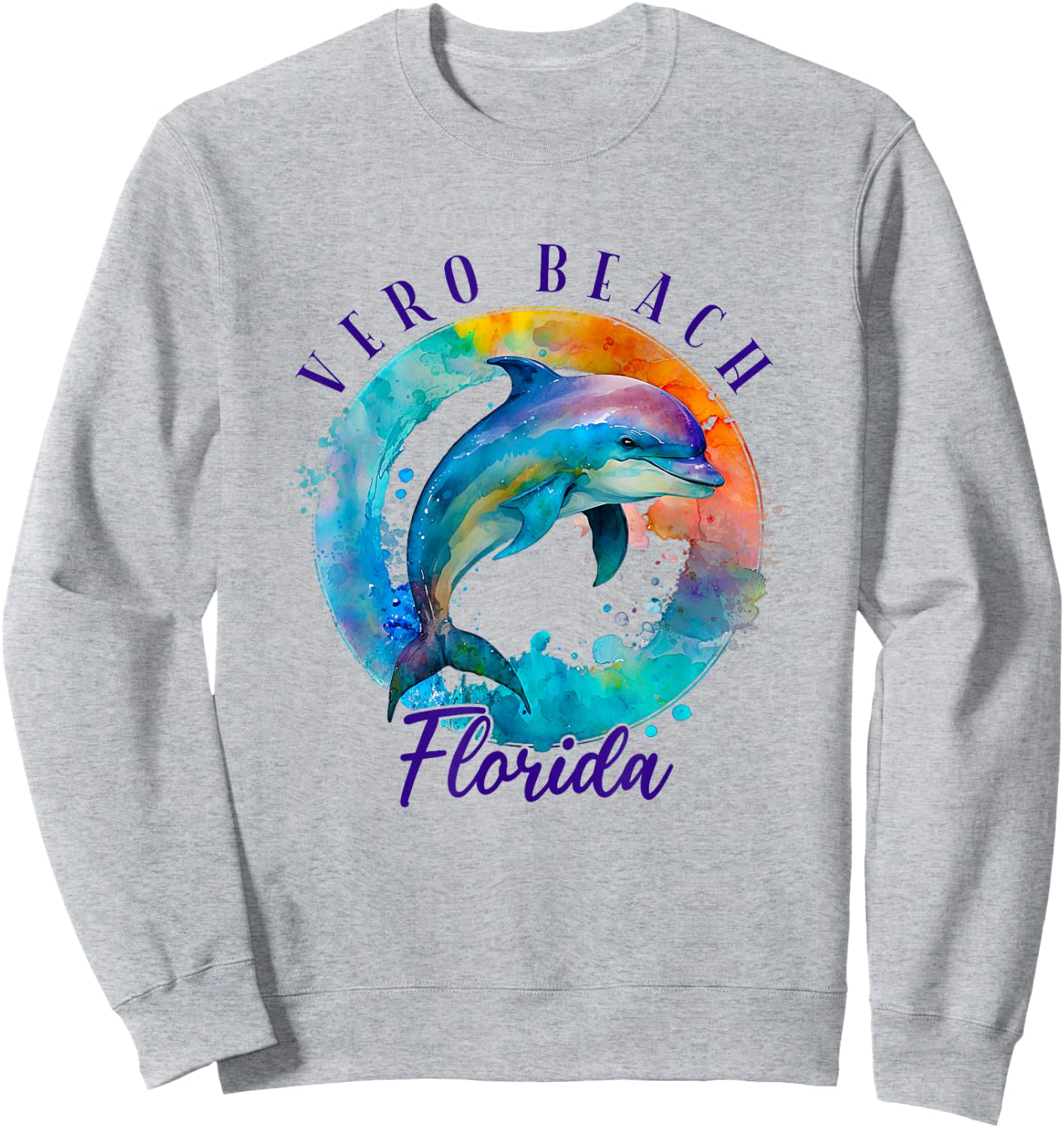 Vero Beach Florida Happy Watercolor Dolphin Sweatshirt - Sweatshirt | Ash