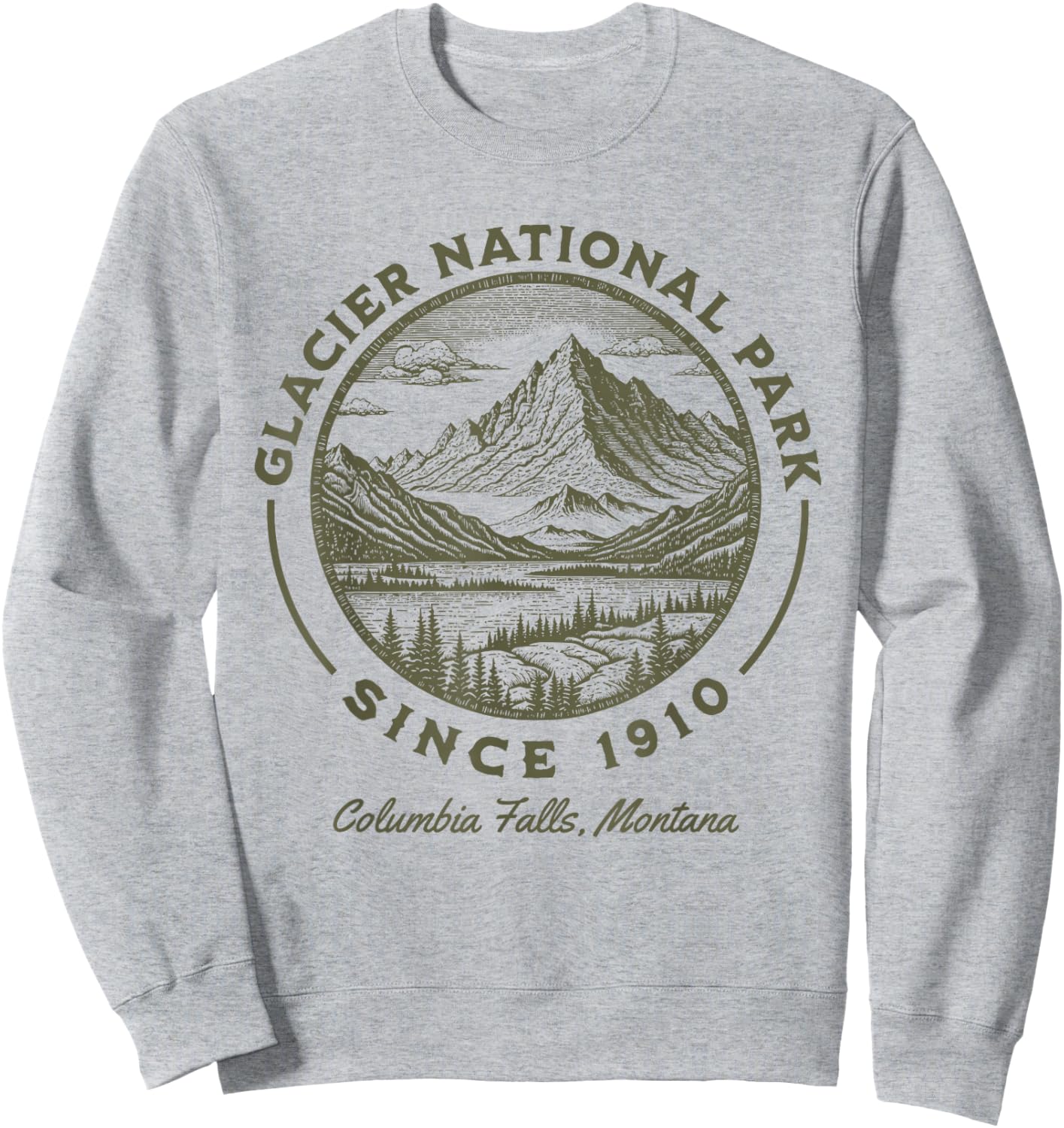 Glacier National Park Since 1910 Rustic Logo Columbia Falls Sweatshirt - Sweatshirt | Ash