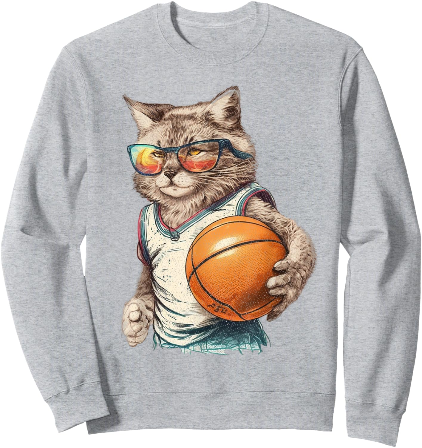 Vintage Retro Cat Playing Basketball, Kitties Pet Lover Sweatshirt - Sweatshirt | Ash