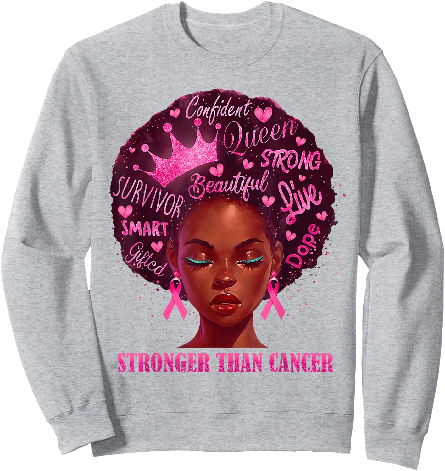 Black Women Queen Stronger Than Breast Cancer Pink Ribbon Sweatshirt - Sweatshirt | Ash