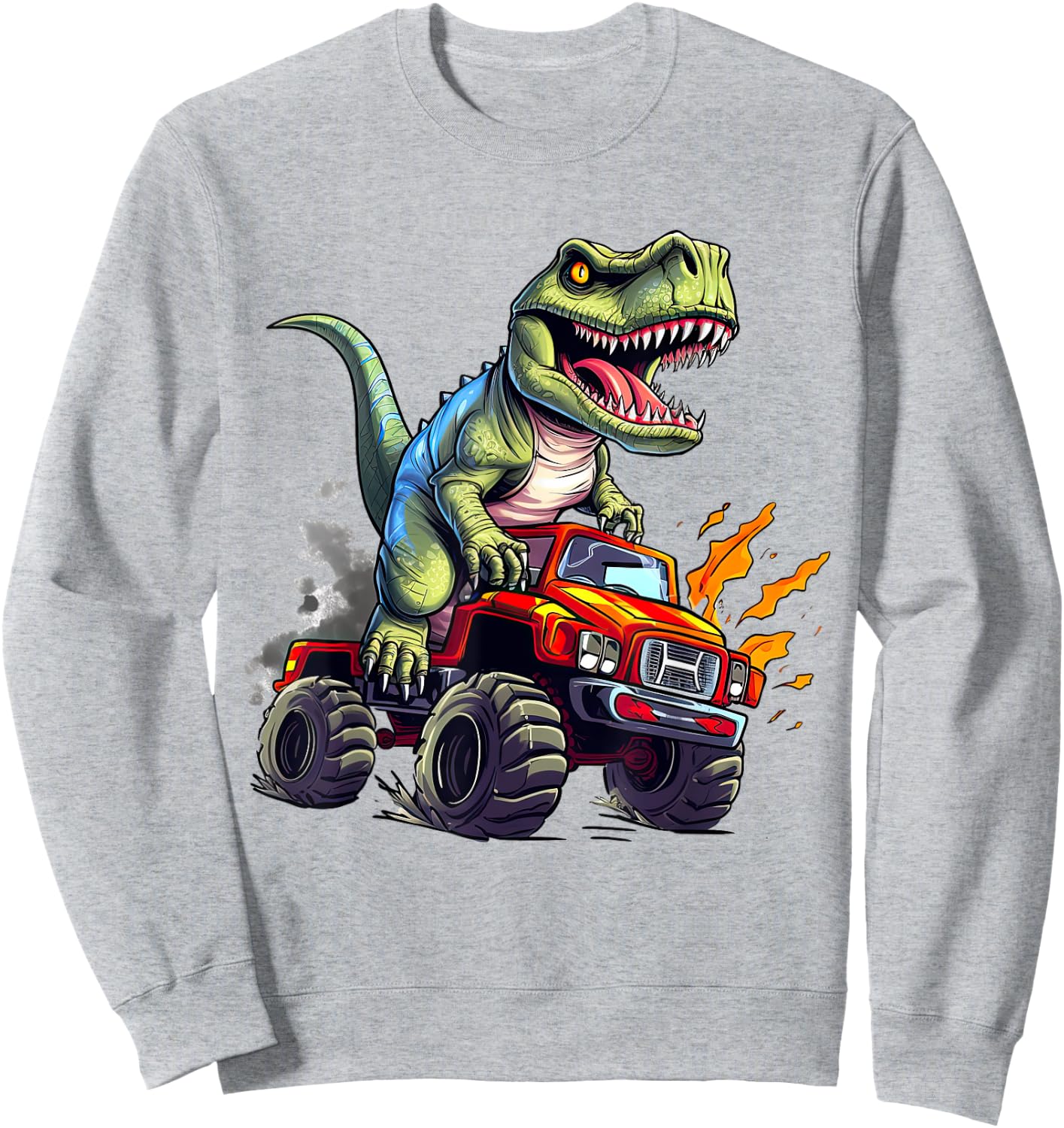 Dinosaur Riding Monster Truck Present For Boys Kids Adult Sweatshirt - Sweatshirt | Ash
