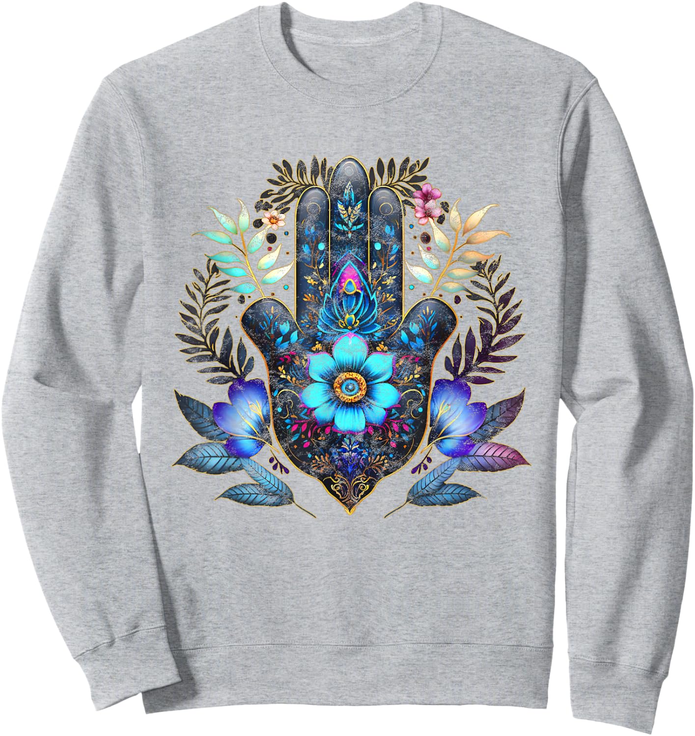 Hamsa, hand, blue, Nazar, flower, eye, charm, vintage, luck Sweatshirt - Sweatshirt | Ash