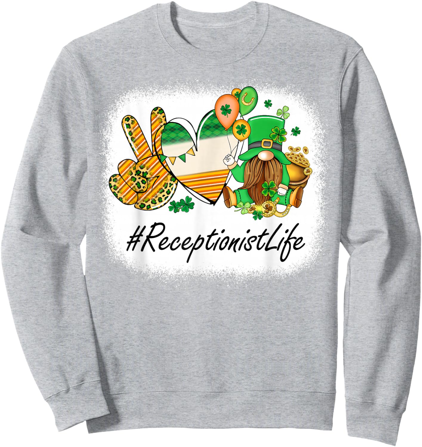 Receptionist Peace Love St Patricks Day Women Gnome Sweatshirt - Sweatshirt | Ash