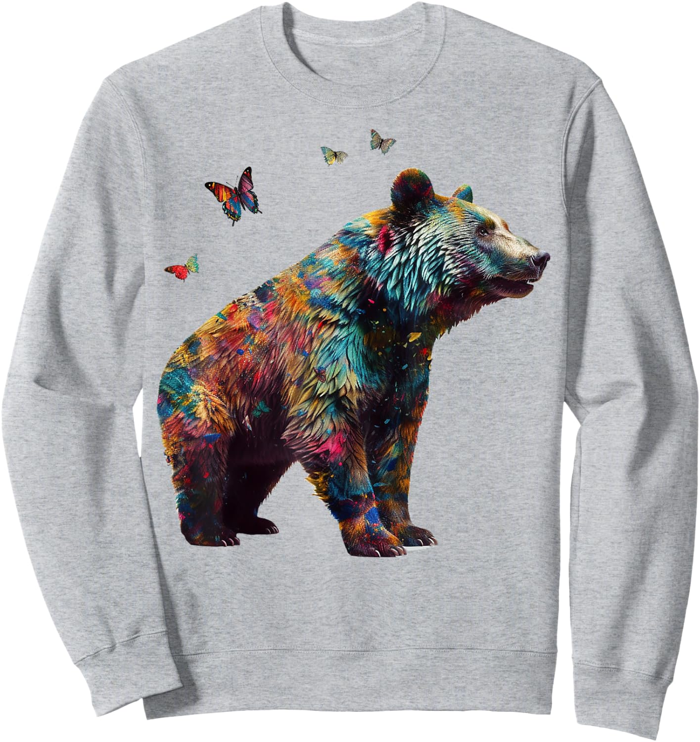 Bear Butterfly Artwork |Colorful Animal Motif Bear Sweatshirt - Sweatshirt | Ash