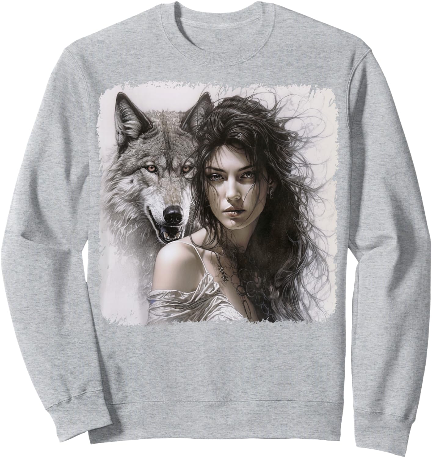 Woman with Gray Wolf Fantasy Art Painting Sweatshirt - Sweatshirt | Ash
