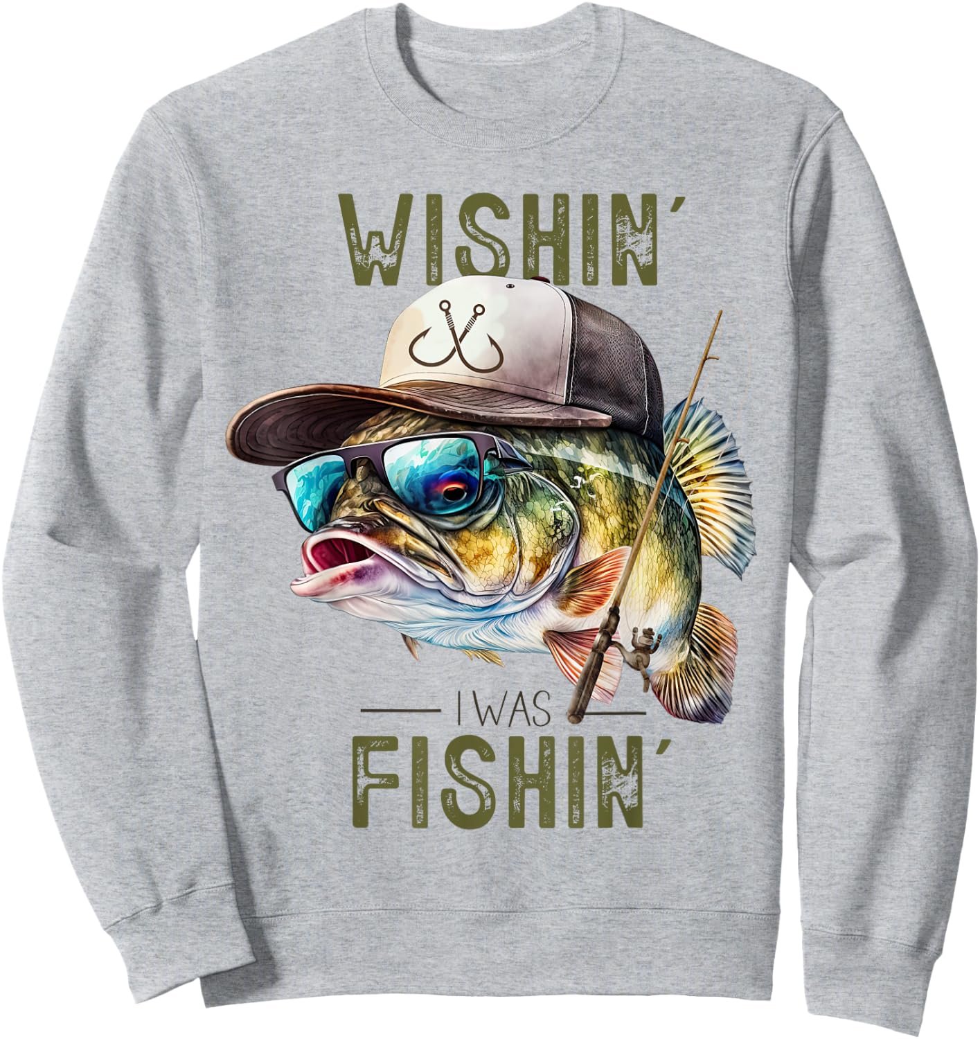 Wishing I was Fishing Large Mouth Bass Funny Fisherman Fish Sweatshirt - Sweatshirt | Ash