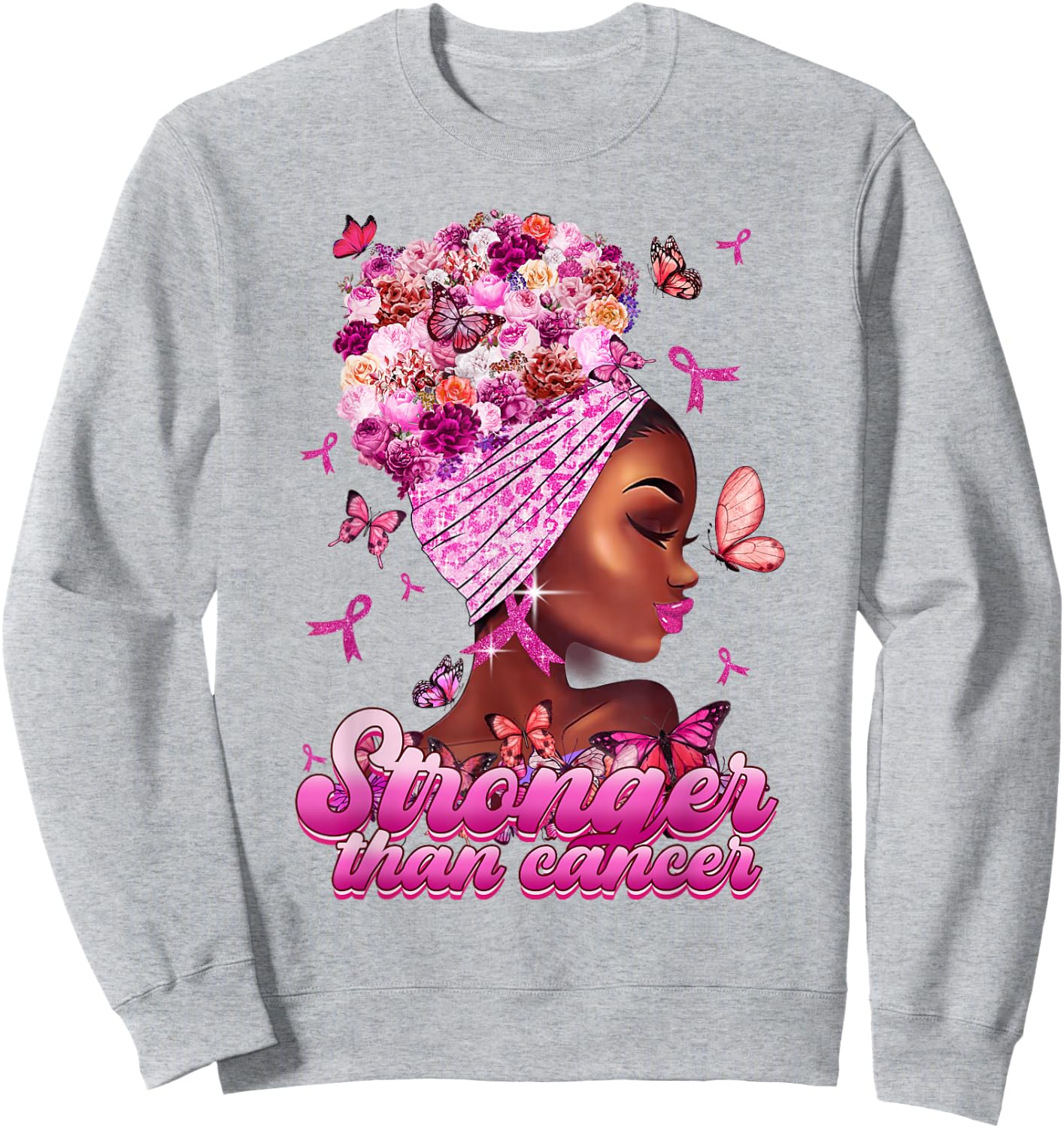 Black Women Queen Stronger Than Breast Cancer Pink Ribbon Sweatshirt - Sweatshirt | Ash