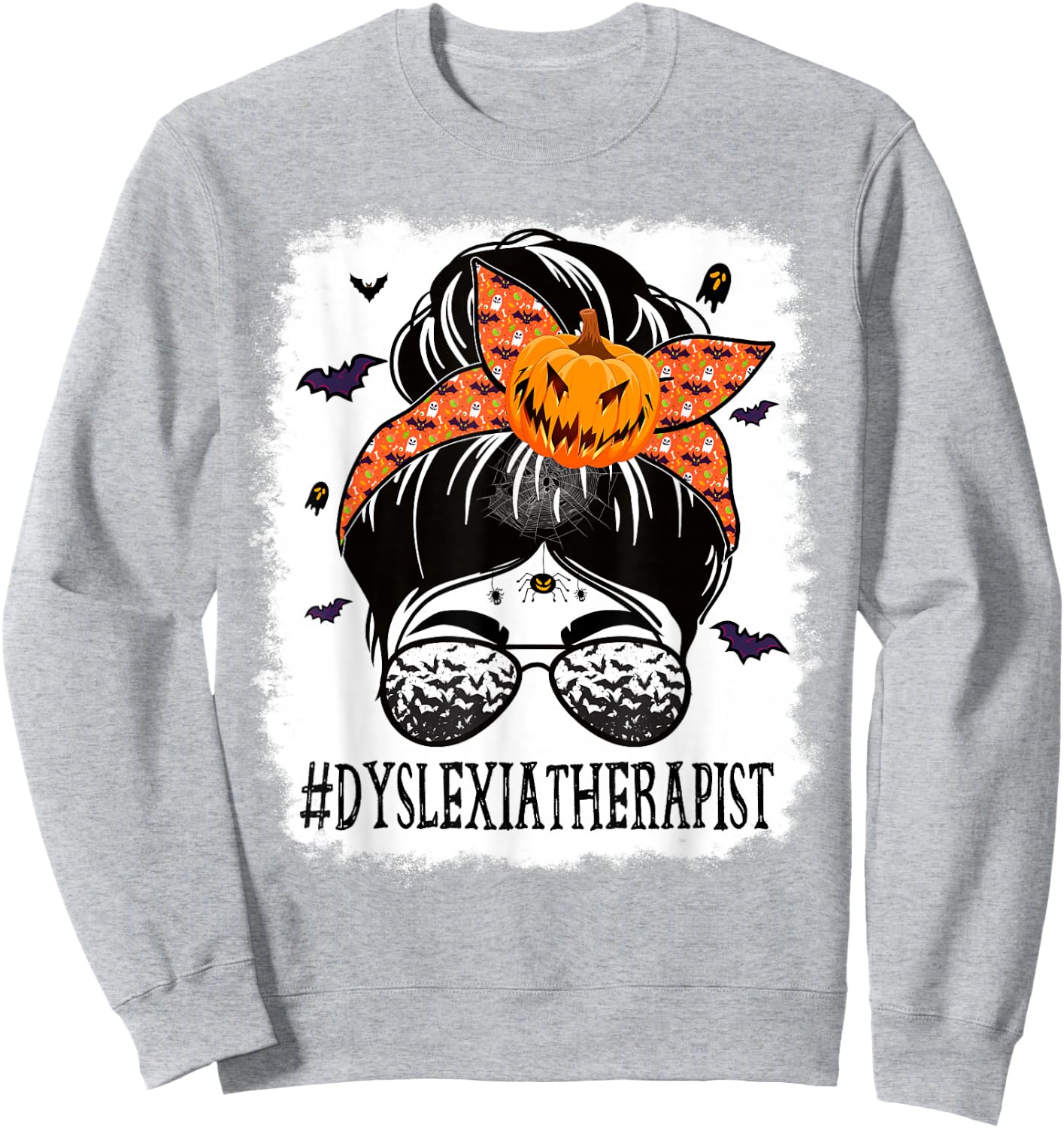 Dyslexia Therapist Messy Bun Spooky Pumpkin Orange Halloween Sweatshirt - Sweatshirt | Ash