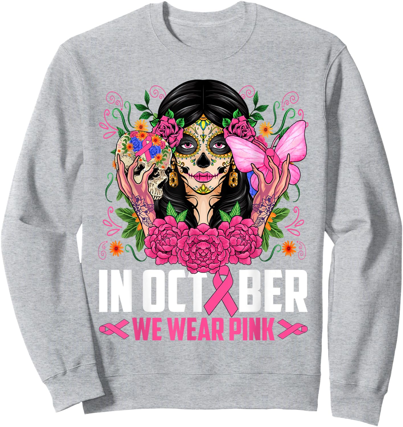 In October Wear Pink Sugar Skull Breast Cancer Halloween Day Sweatshirt - Sweatshirt | Ash