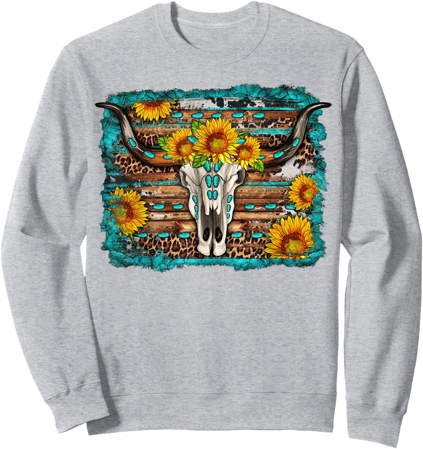 Longhorn Bull Skull Sunflower Turquoise Western Country Sweatshirt - Sweatshirt | Ash