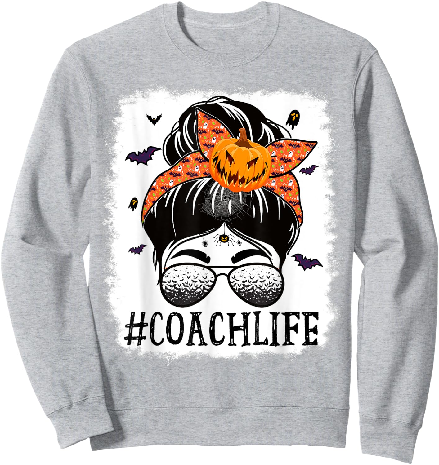 Coach Messy Bun Spooky Pumpkin Bat Orange Halloween Costume Sweatshirt - Sweatshirt | Ash