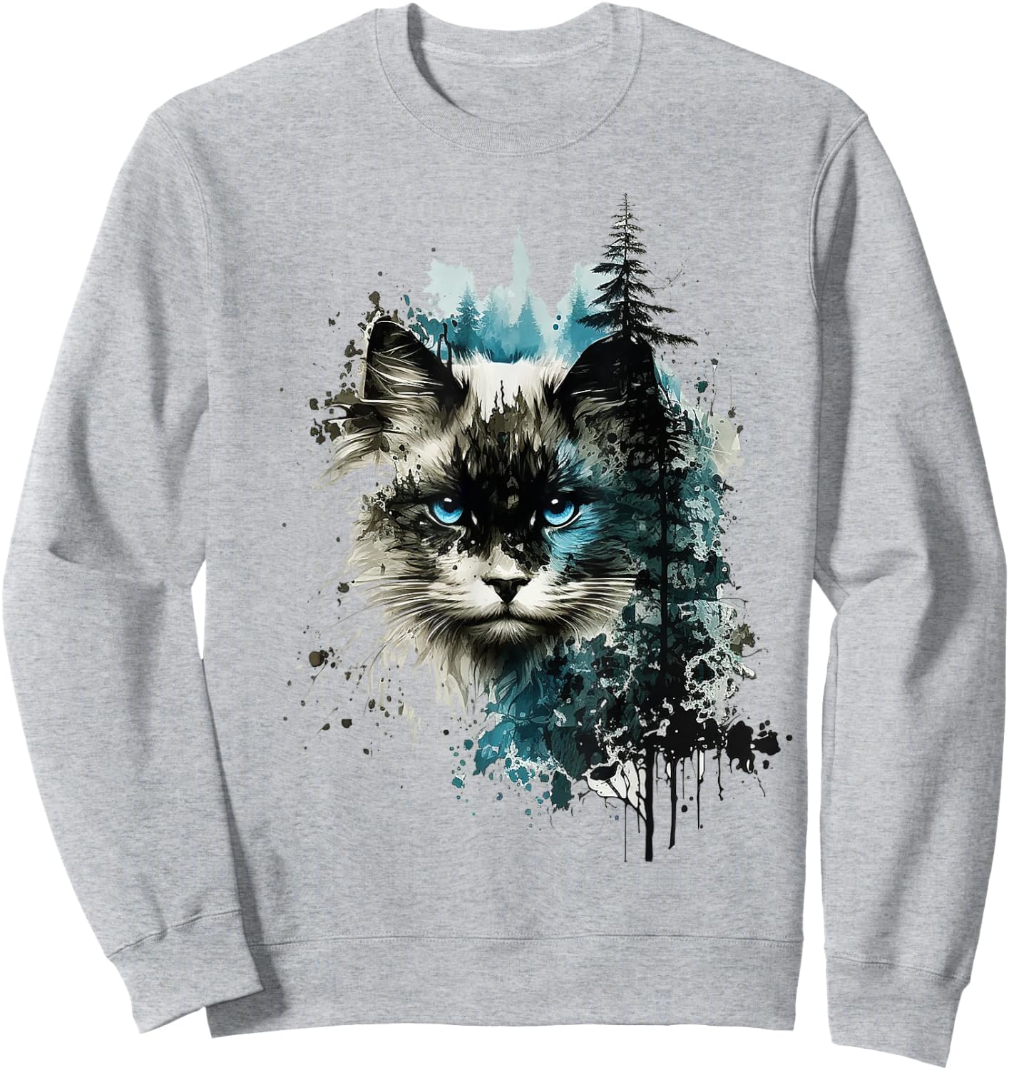 Cat Blue Eyes Cat Motif Art Forest Animal Cat Sweatshirt - Sweatshirt | Ash