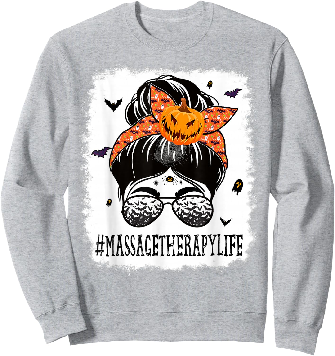 Massage Therapy Messy Bun Spooky Pumpkin Halloween Costume Sweatshirt - Sweatshirt | Ash