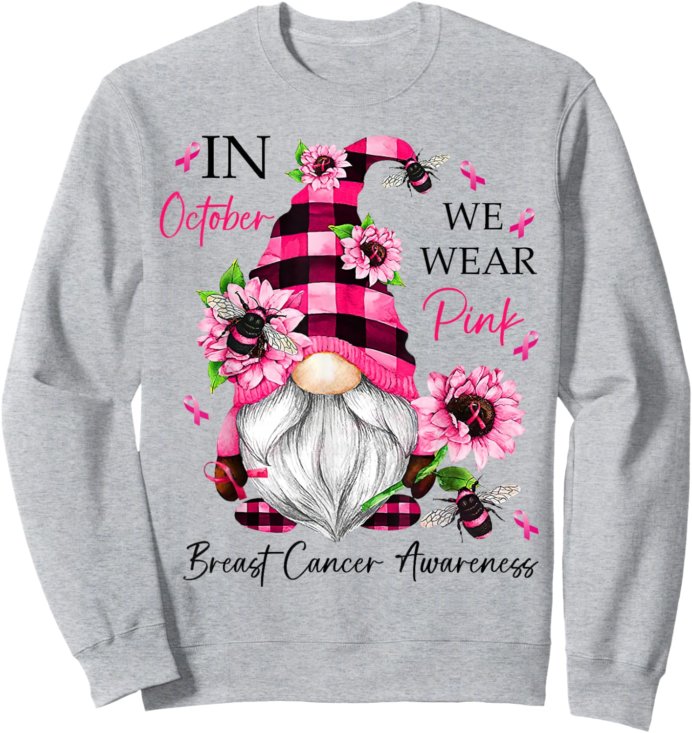 In October We Wear Pink Gnome Breast Cancer Awareness Sweatshirt - Sweatshirt | Ash