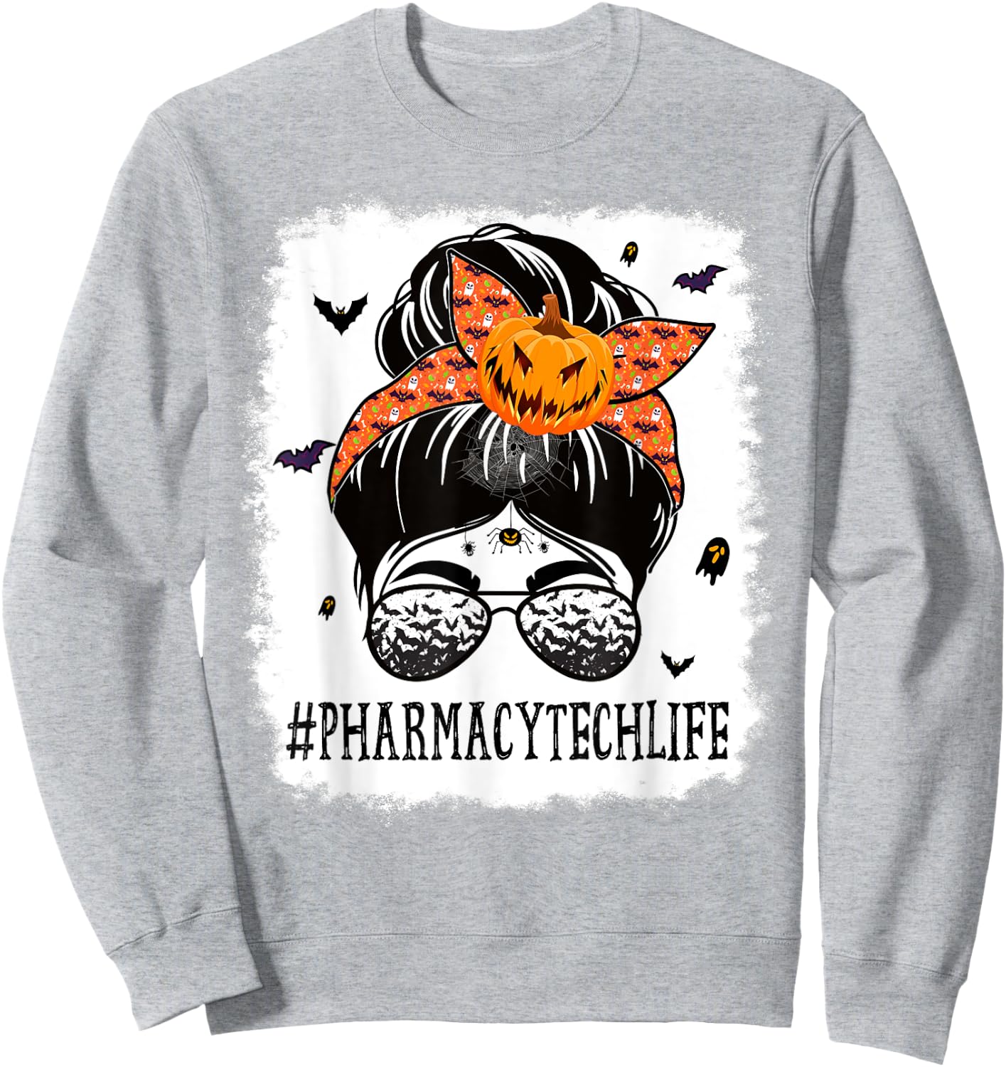Pharmacy Tech Messy Bun Spooky Pumpkin Halloween Costume Sweatshirt - Sweatshirt | Ash