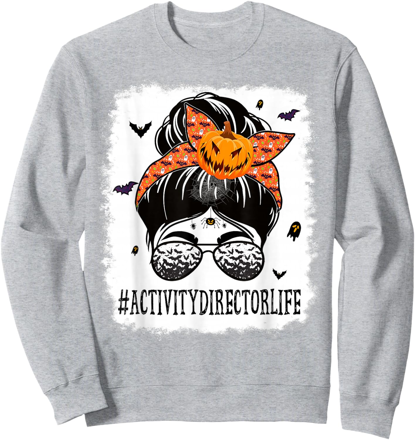Activity Director Messy Bun Spooky Pumpkin Halloween Costume Sweatshirt - Sweatshirt | Ash
