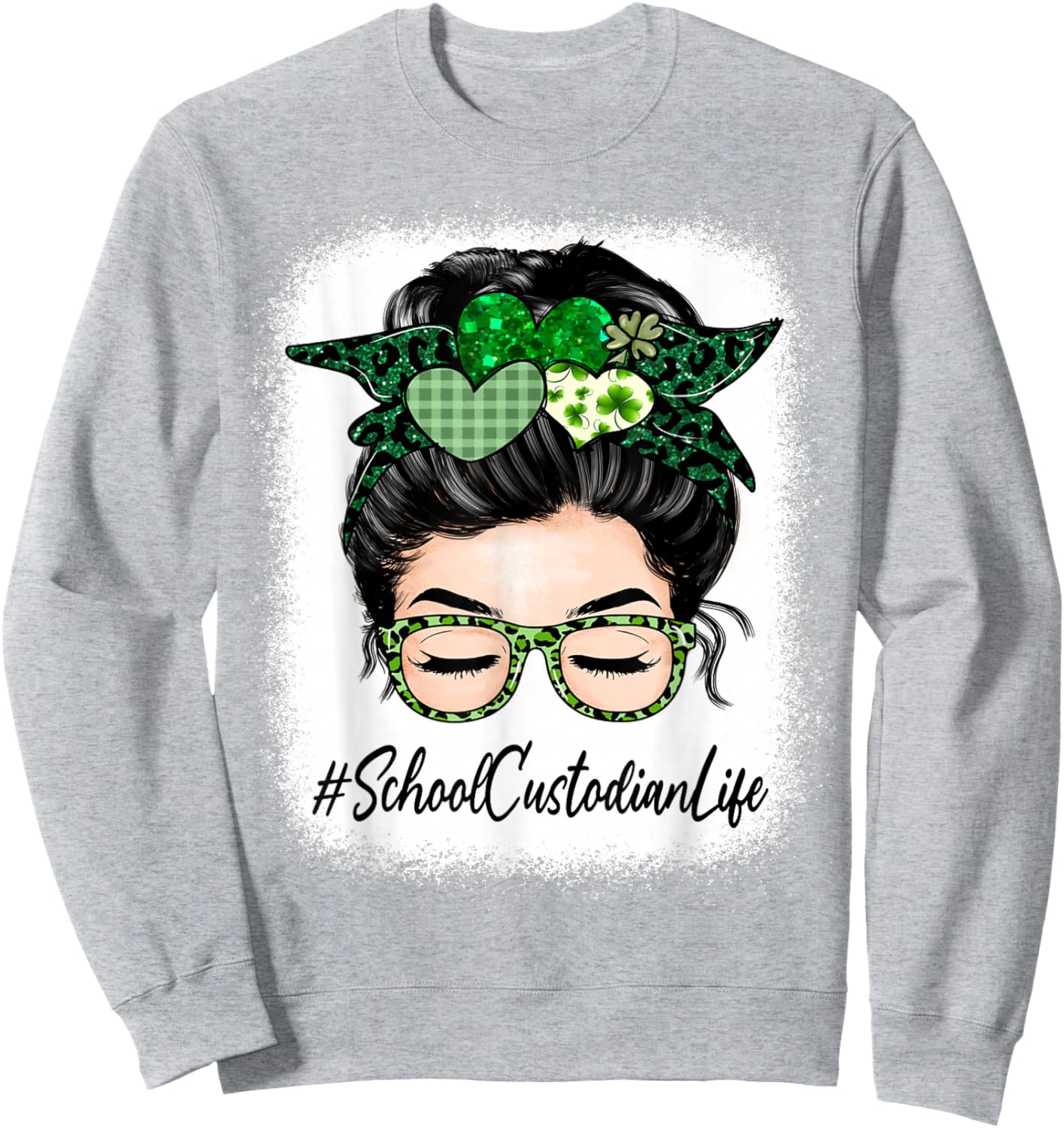School Custodian Women Messy Bun St Patrick's Day Shamrock Sweatshirt - Sweatshirt | Ash