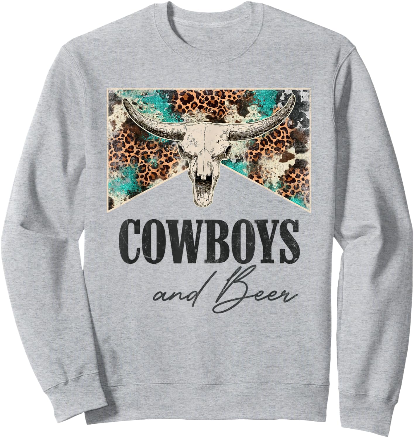 Retro Leopard Western Life Country Bull Skull Cowboys & Beer Sweatshirt - Sweatshirt | Ash