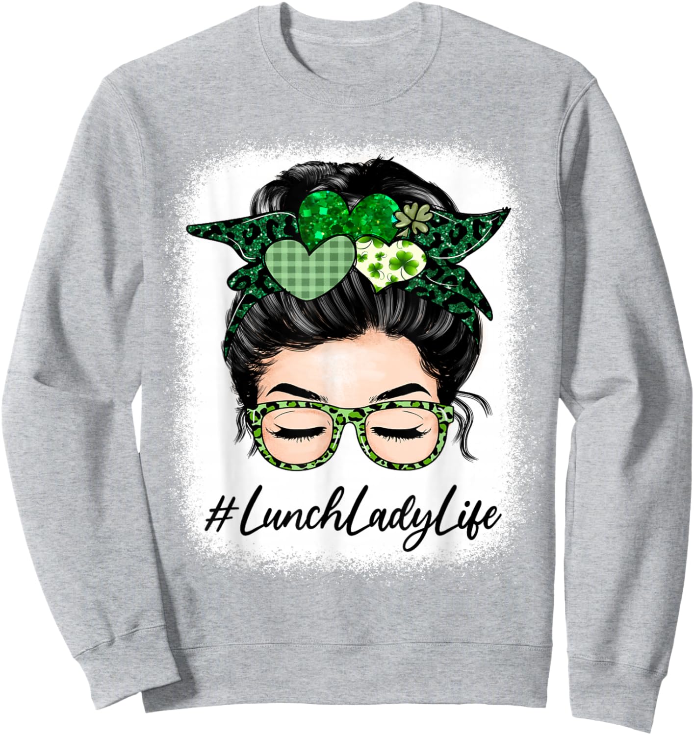 Lunch Lady Women Messy Bun St Patrick's Day Shamrock Sweatshirt - Sweatshirt | Ash