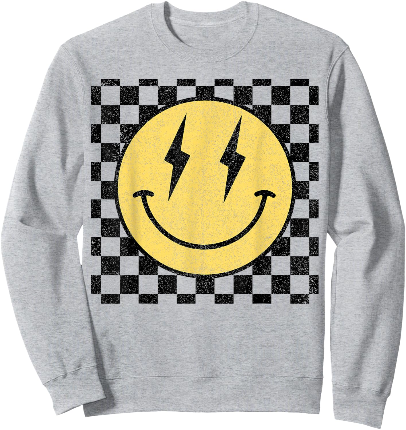 Retro Happy Face Shirt Checkered Pattern Smile Face Trendy Sweatshirt - Sweatshirt | Ash