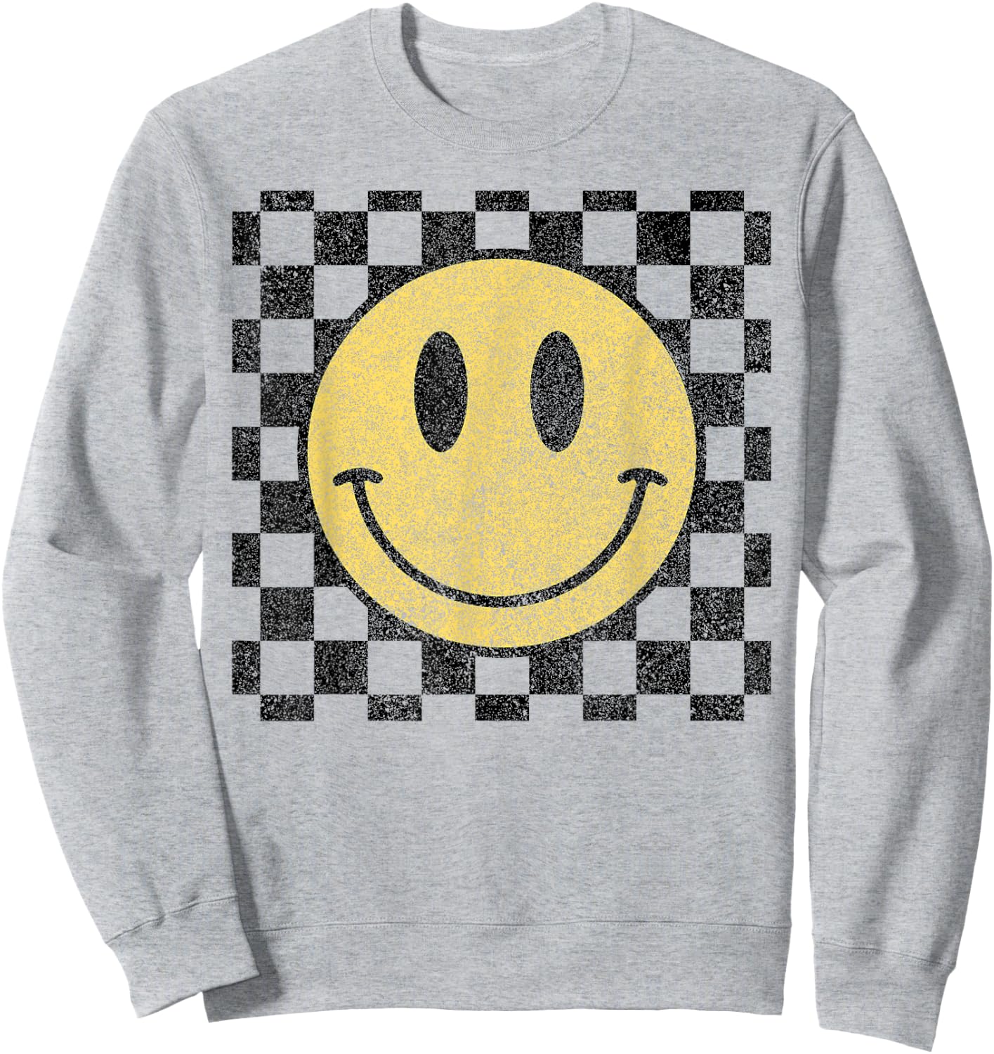 Retro Happy Face Checkered Pattern Smile Face Trendy Sweatshirt - Sweatshirt | Ash