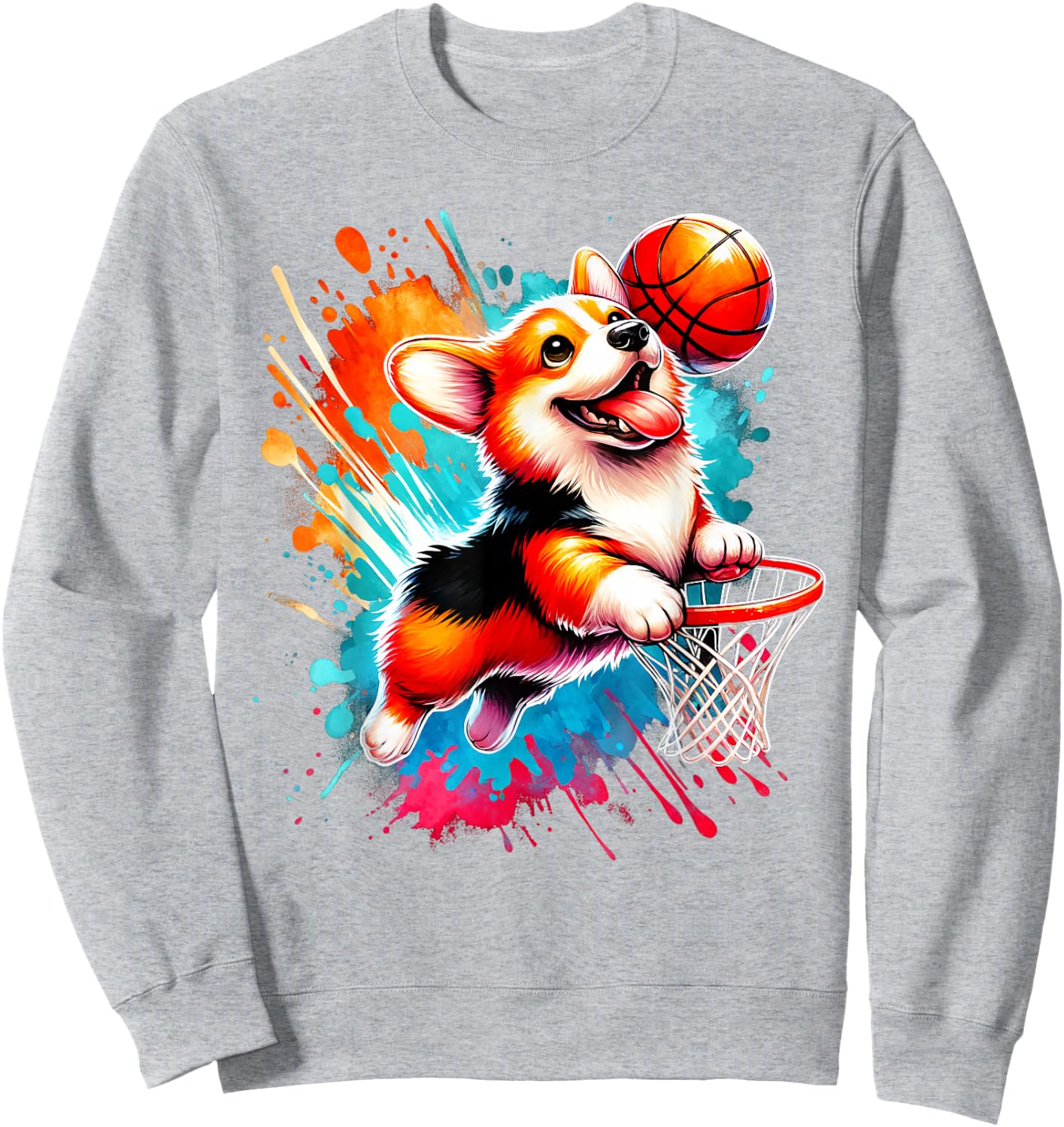 Corgi Basketball Player Colorful Sweatshirt - Sweatshirt | Ash