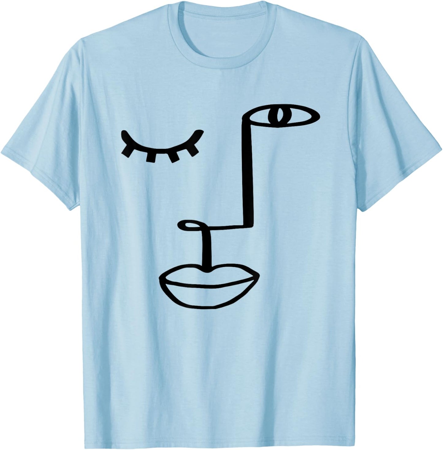 Aesthetic One Line Abstract Fashion Face Minimalist Artsy T-Shirt - T-Shirt | Light Blue