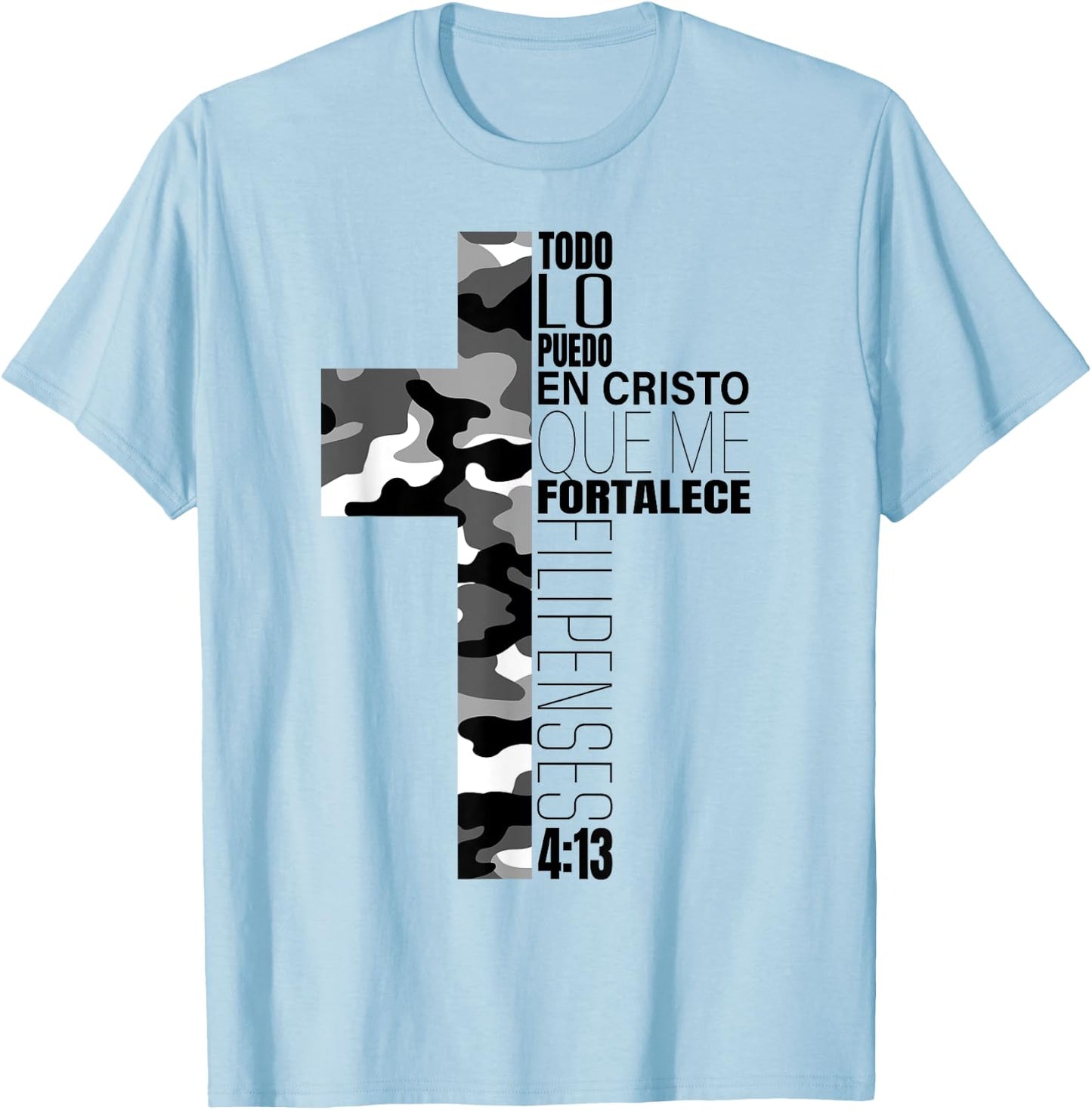 White Camo Todo Lo Puedo En Cristo Que Me Fortalece Spanish T-Shirt - T-Shirt | Light Blue