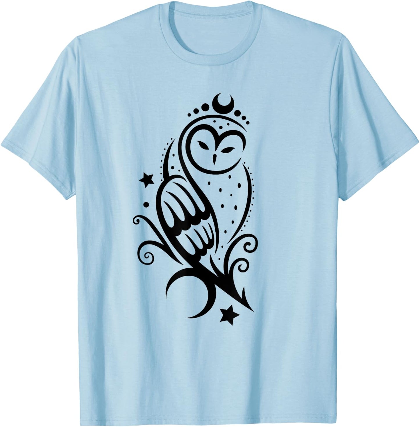 Tattoo Owl with Stars and Moon - Snow Owl Barn Owl T-Shirt - T-Shirt | Light Blue