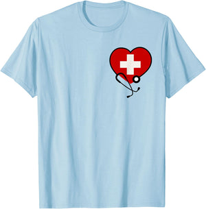 Medical Nurse Doctor Costume Uniform Red Cross Stethoscope T-Shirt - T-Shirt | Light Blue