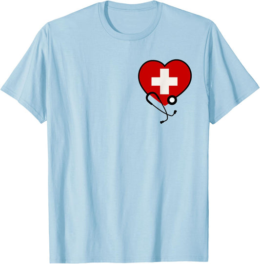 Medical Nurse Doctor Costume Uniform Red Cross Stethoscope T-Shirt - T-Shirt | Light Blue