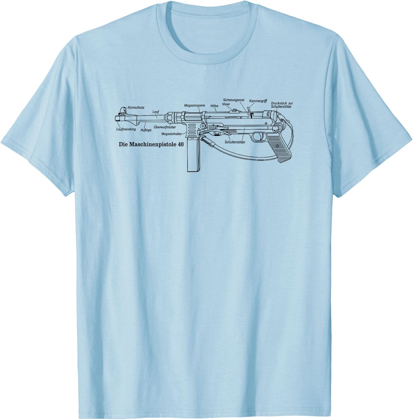 MP40 German WW2 Submachine Gun Infographic in German T-Shirt - T-Shirt | Light Blue