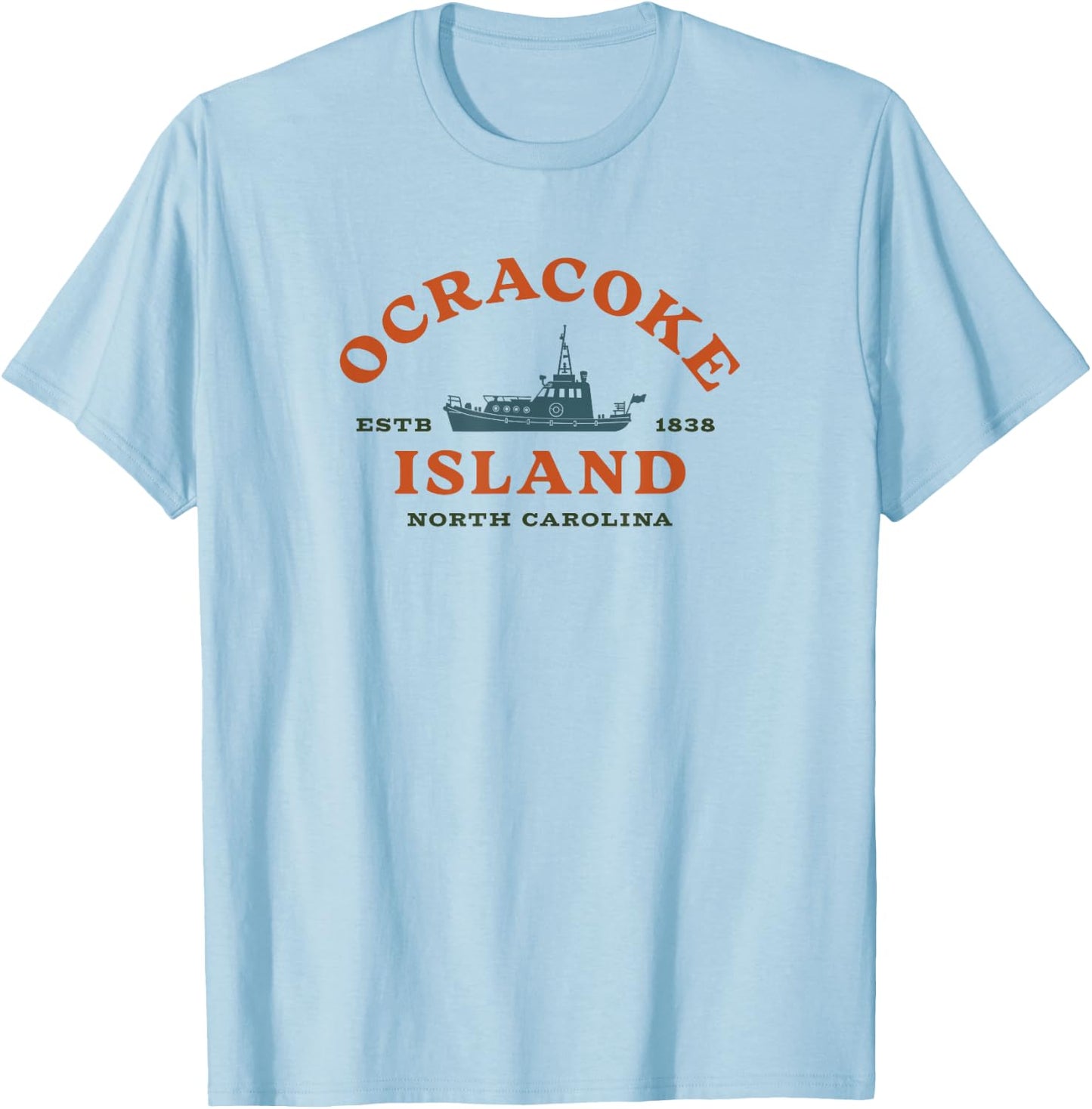Ocracoke Island, NC Summertime Vacationing Fishing Boat T-Shirt - T-Shirt | Light Blue