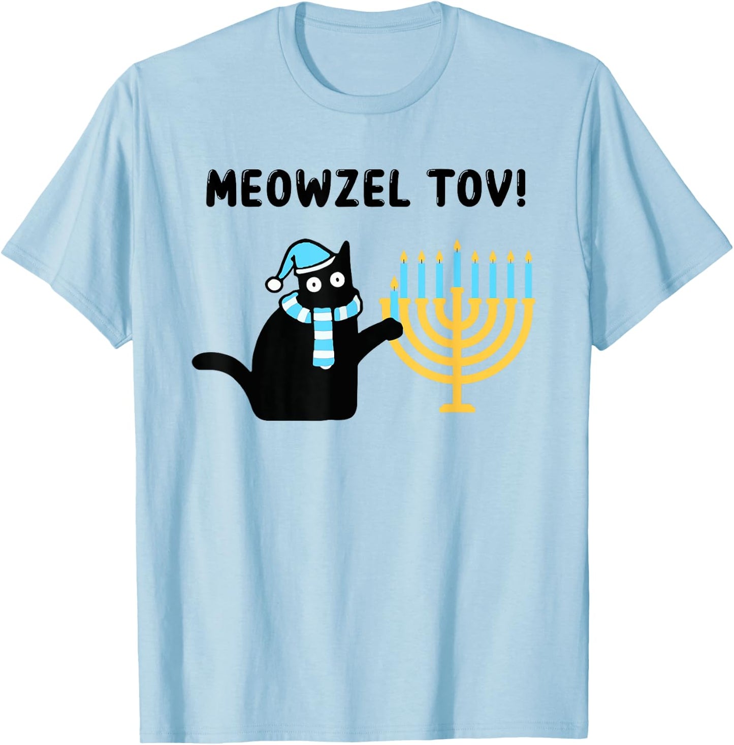 Meowzel Tov Gift Black Cat Mazel Tov Menorah Funny Hanukkah T-Shirt - T-Shirt | Light Blue