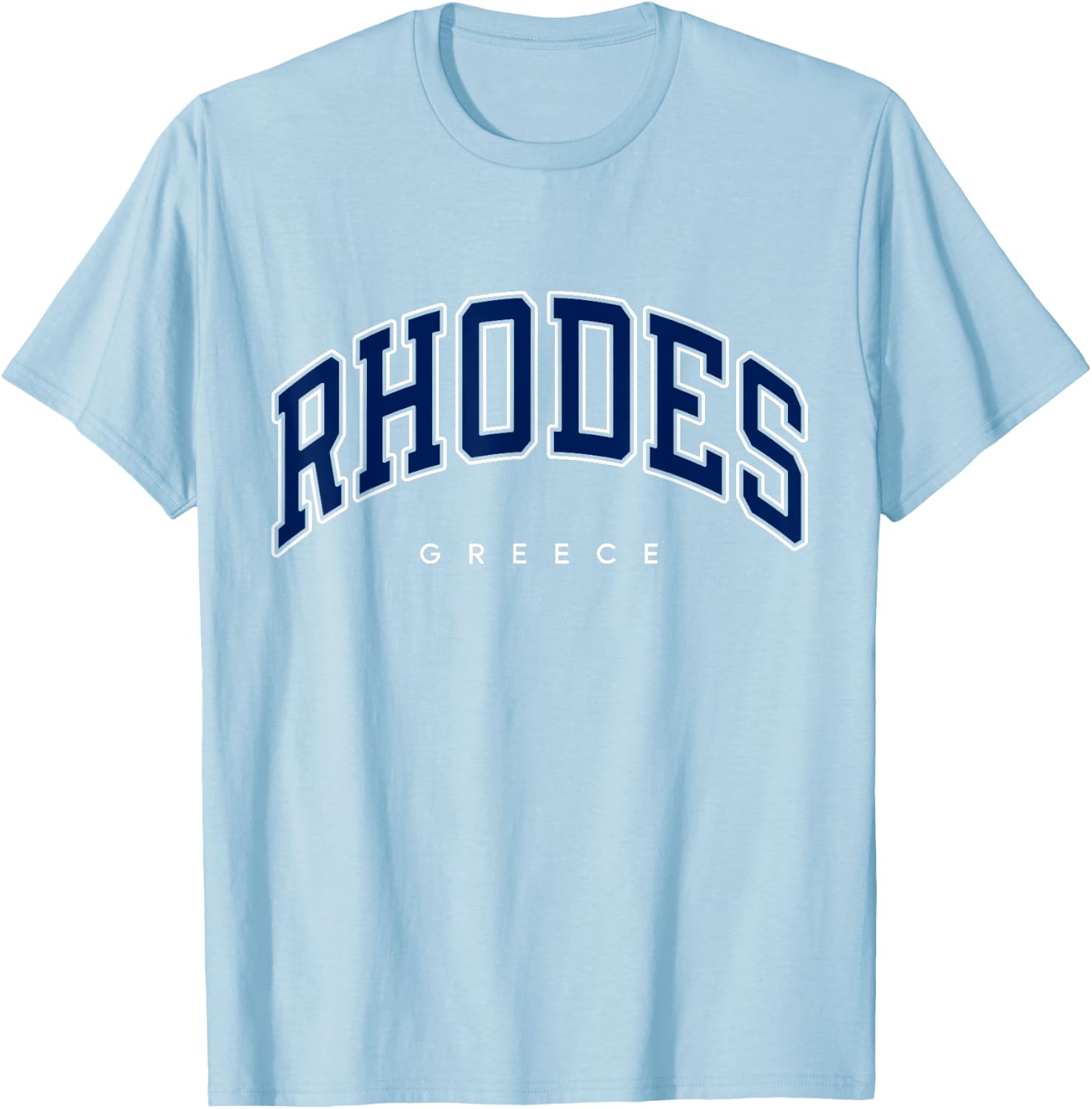 Rhodes Greece Varsity Style Navy Text T-Shirt - T-Shirt | Light Blue
