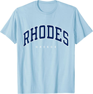 Rhodes Greece Varsity Style Navy Text T-Shirt - T-Shirt | Light Blue