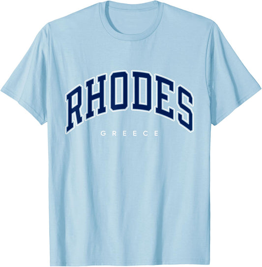 Rhodes Greece Varsity Style Navy Text T-Shirt - T-Shirt | Light Blue