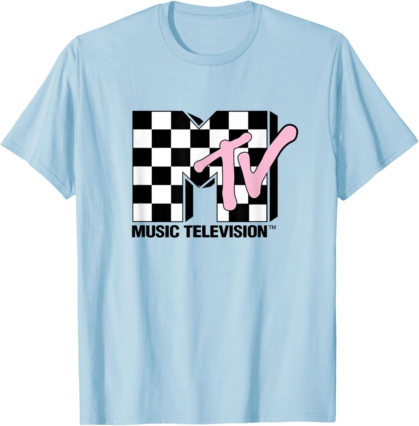 MTV Music Television Retro 80's Pink Neon Checkerboard Logo T-Shirt - T-Shirt | Light Blue