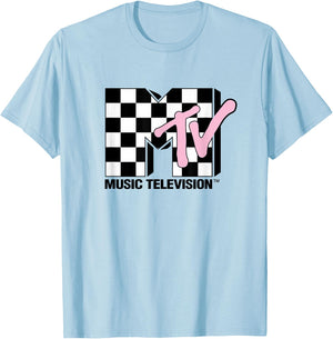 MTV Music Television Retro 80's Pink Neon Checkerboard Logo T-Shirt - T-Shirt | Light Blue