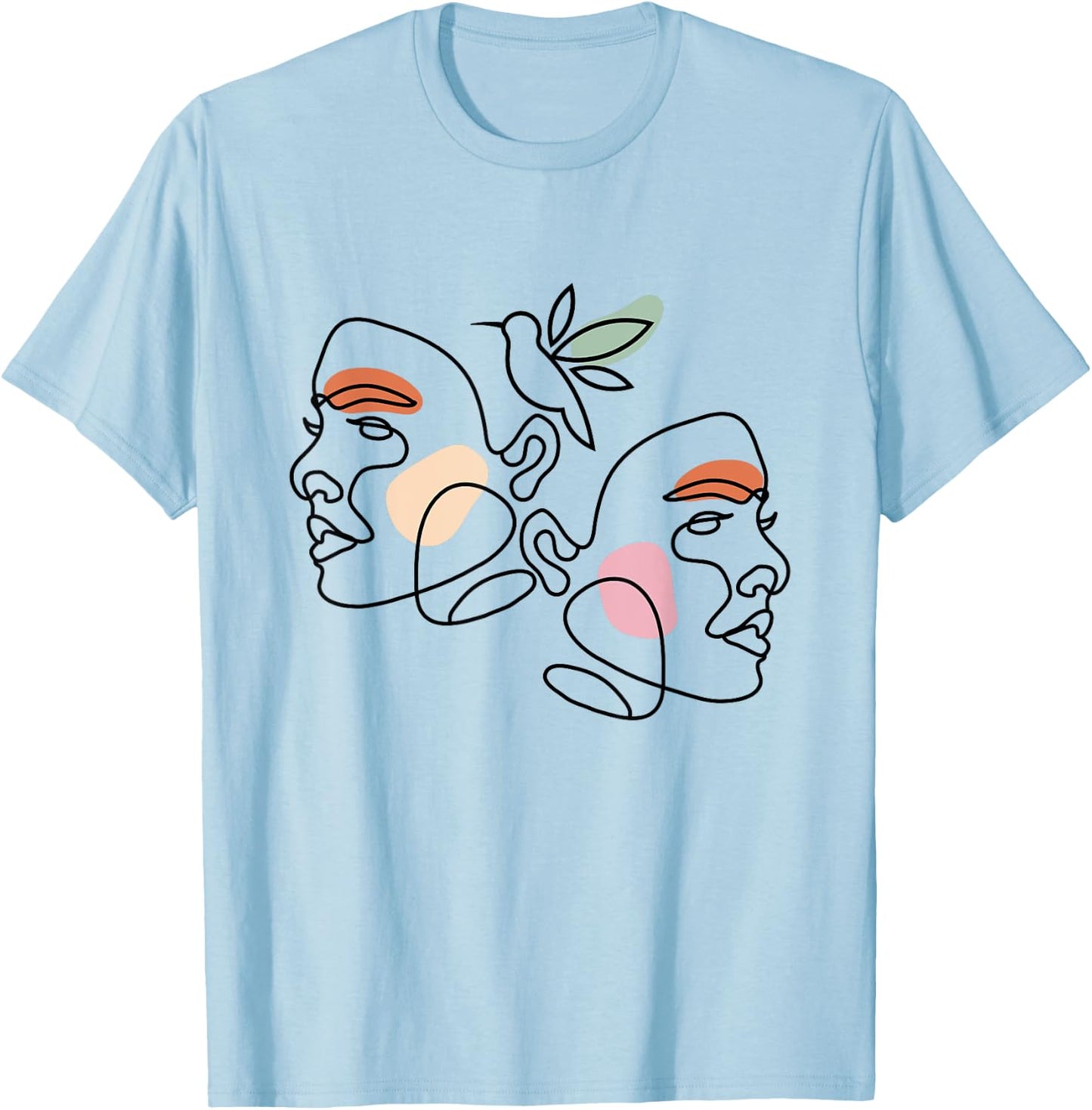 Minimalist Abstract: Women Faces and Bird Abstract Line Art T-Shirt - T-Shirt | Light Blue