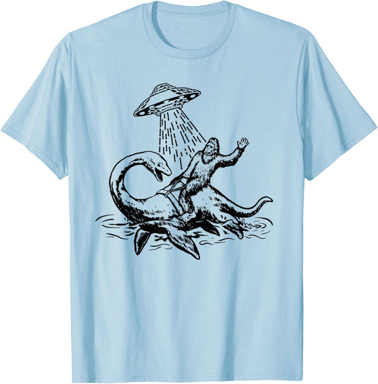 Bigfoot Riding Loch Ness Monster Funny Sasquatch Nessie T-Shirt - T-Shirt | Light Blue