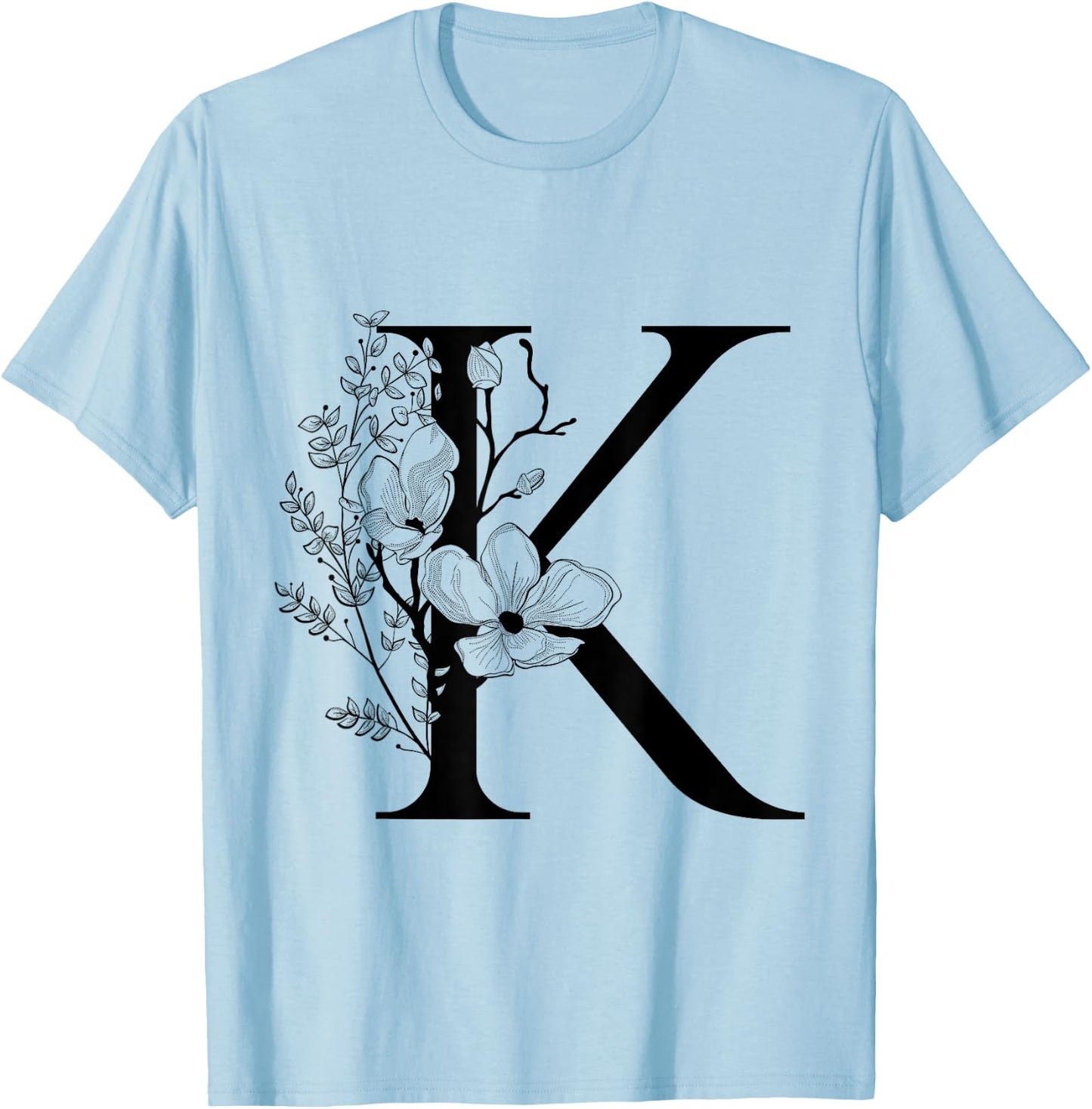 Beautiful Black Letter K Flowers Initial Floral Monogram T-Shirt - T-Shirt | Light Blue