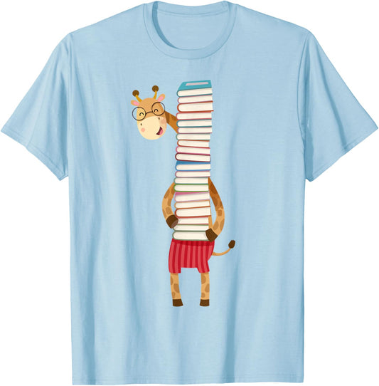 Bookworm Giraffe Holding Book Kids Boy Women Teacher Reading T-Shirt - T-Shirt | Light Blue