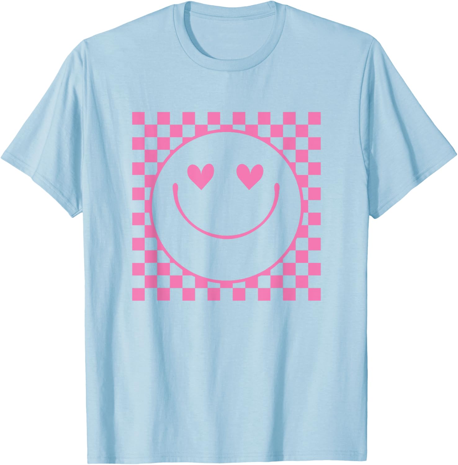 Pink Heart Eyes Smile Face Checkered Pattern Cute Happy Face T-Shirt - T-Shirt | Light Blue